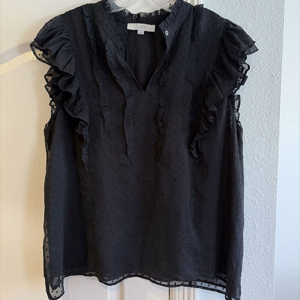 LOFT Womens Black Clip Dot Ruffle V-Neck Flutter Sleeve Blouse Top Size XL